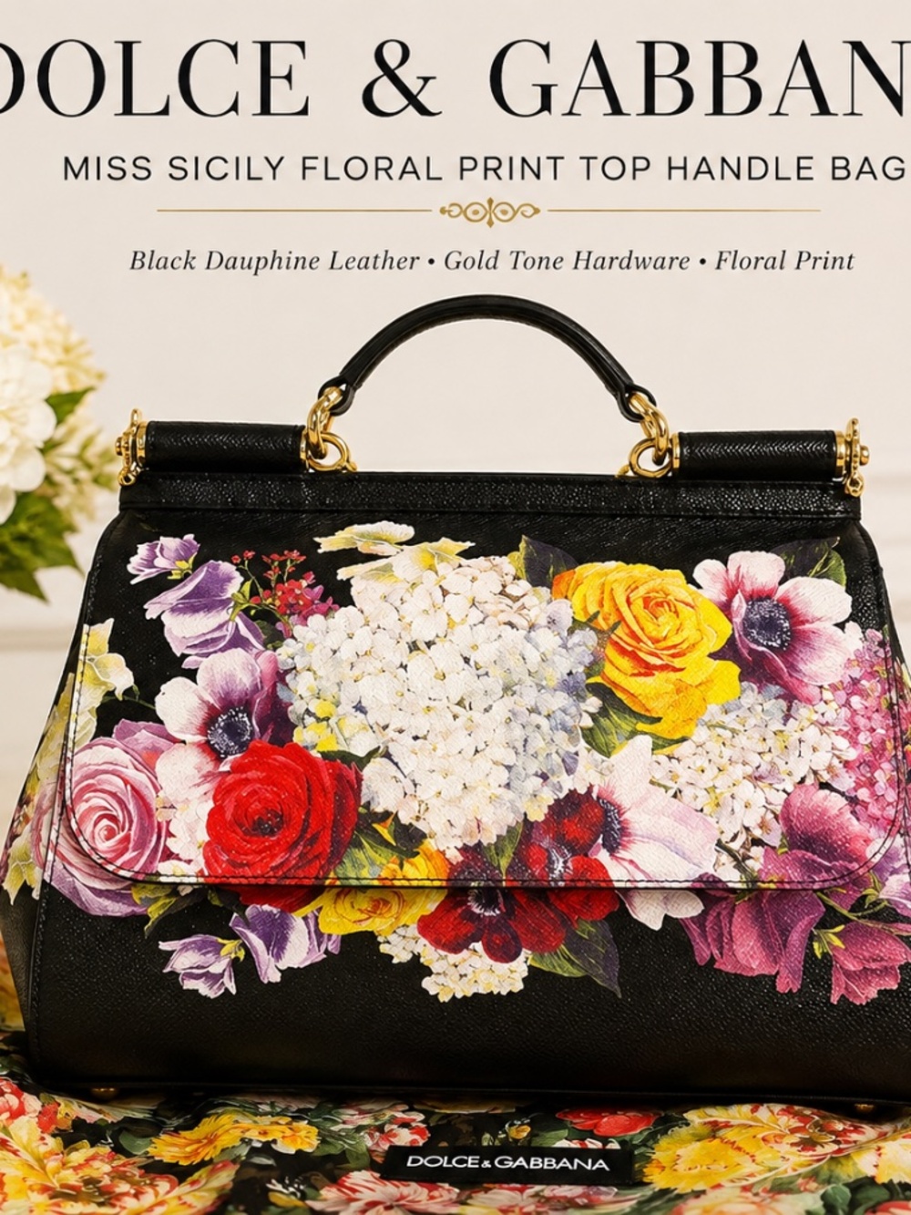 Dolce & Gabbana Miss Sicily top-handle bag in black Dauphine leather, Dust Bag